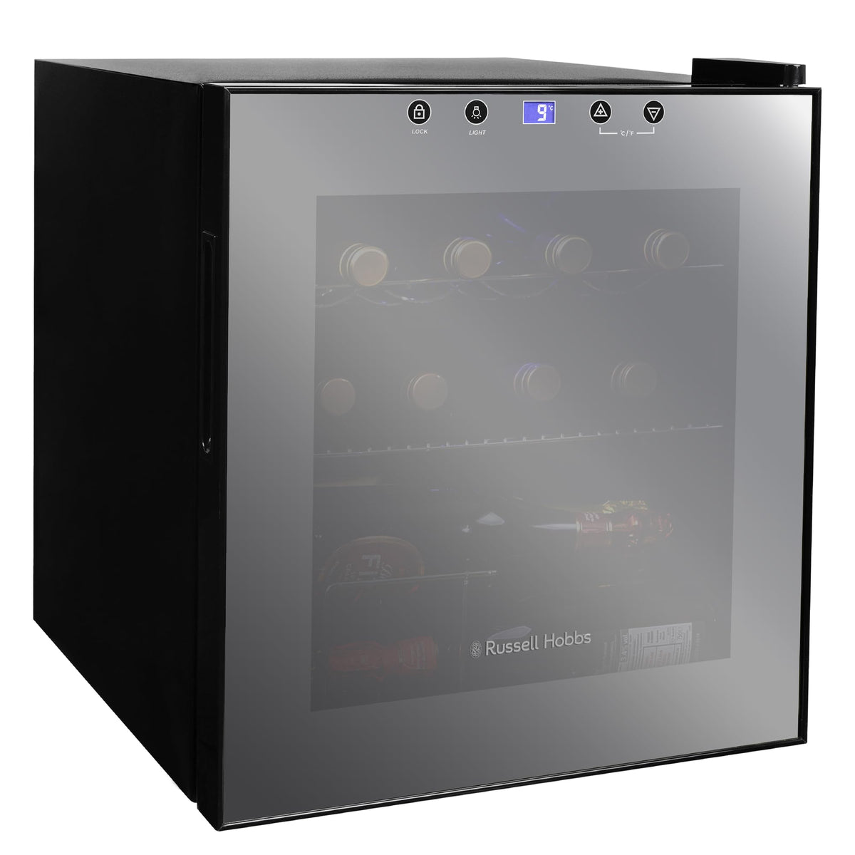 Russell Hobbs 20 Bottle 62L Mirrored Door Wine Cooler Freestanding Beverage Drinks Fridge, LED Light with Touch Control, Digital Display, Adjustable Shelves, Glass Door RH20WC201MR