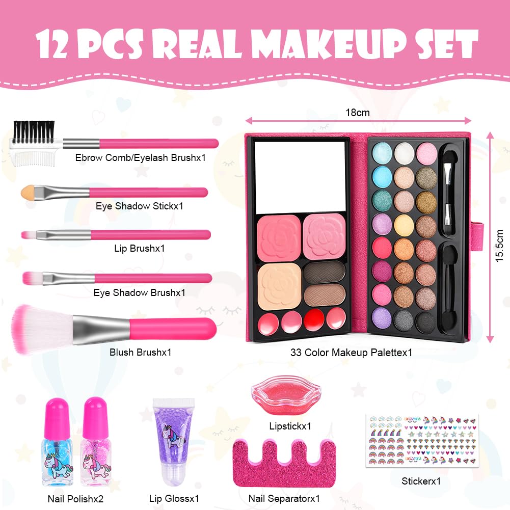 Aomig 33 Colors Kids Makeup Sets for Girls, 6 Pcs Princess Make Up Kit with 5 Brushes, Washable Children's Cosmetics Toys, Non-Toxic Makeup Kit, Cosmetic Beauty Set Gift for Kids Halloween Birthday