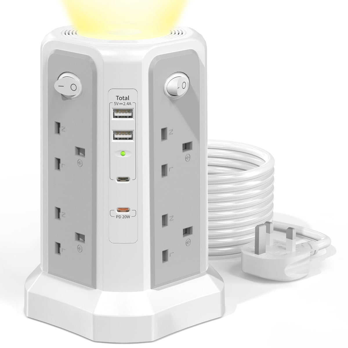 HAFINO Tower Extension Lead 3M with USB Slots and Night Light, 4 Switches