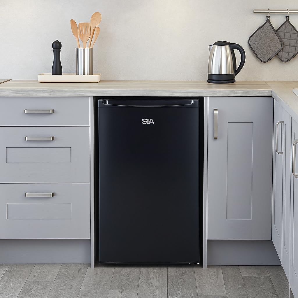 SIA LFS01BL-AMZ1 Black Under Counter Fridge, 91L Capacity, 48cm Wide, Freestanding Larder, E Rated, 2 Years Parts and Labour Guarantee