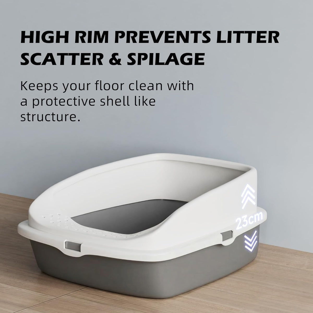 Cat Litter Tray Box, Litter Box, Plastic Cat Open Top Litter Tray with Free Scoop Kitten Detachable Rim Easy Cleaning,49 x 38 x 23cm (Grey)
