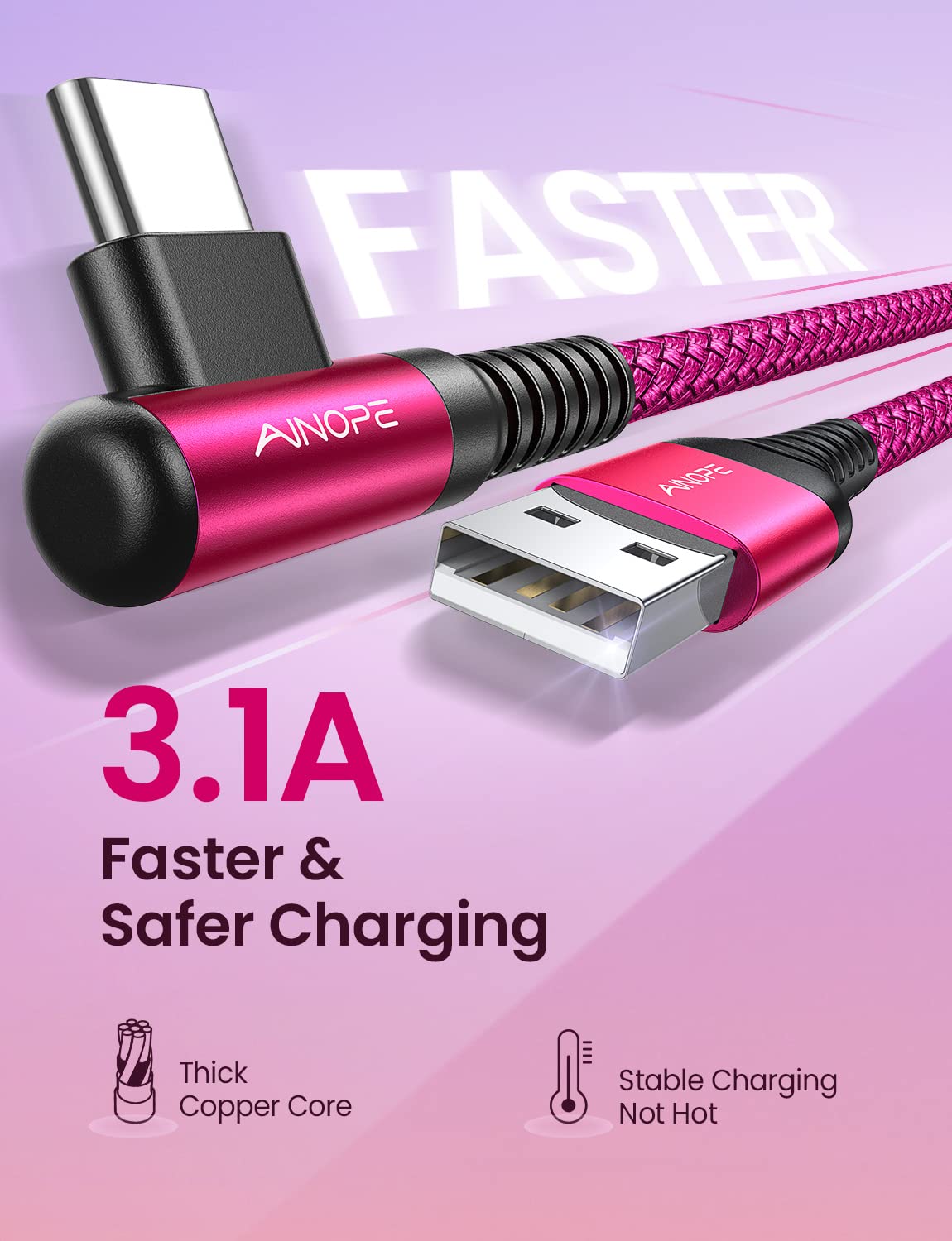 AINOPE USB C Charger Cable,(2Pack 2M) 3.1A Right Angle USB to USB C Cable