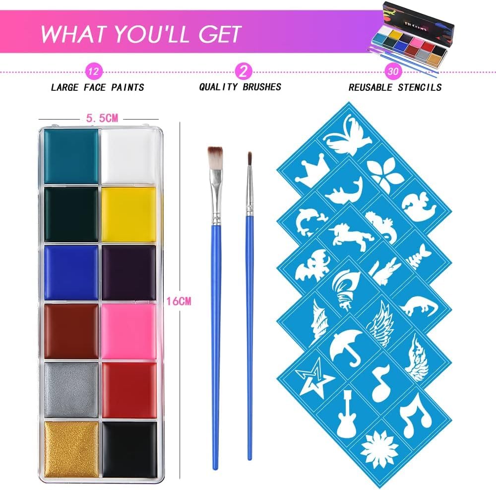 URAQT Face Paint Kit, 15 Color Face & 15 Color Neon Ultraviolet Painting with 2 Brushes 80 Stencils, Washable Safe Body Paint for Adults Kids Halloween Party Carnival, Makeup Paint Non-Toxic to Use