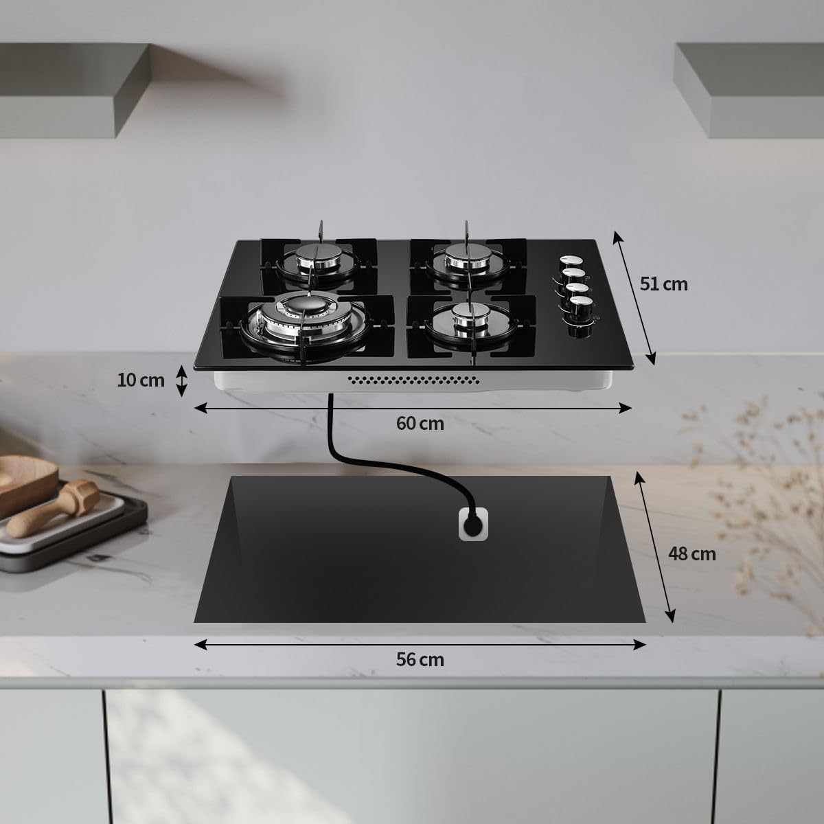 SNDOAS Gas Hob 4 Burners, NG/LPG Convertible, Built-in Black Glass Gas Hob with Wok Burner, Flame Failure Protection, 8000W, YYUKGCT-B04