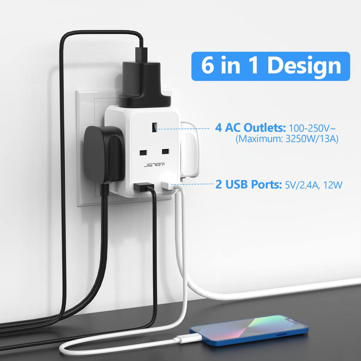 Double Plug Adaptor with 2 USB, JSVER Mini 2 Way Plugs Extension Sockets with USB Ports(5V/2.4A) Wall Charger Adapter, 13A UK 3 Pin Power Socket for Home, Office, Kitchen,White