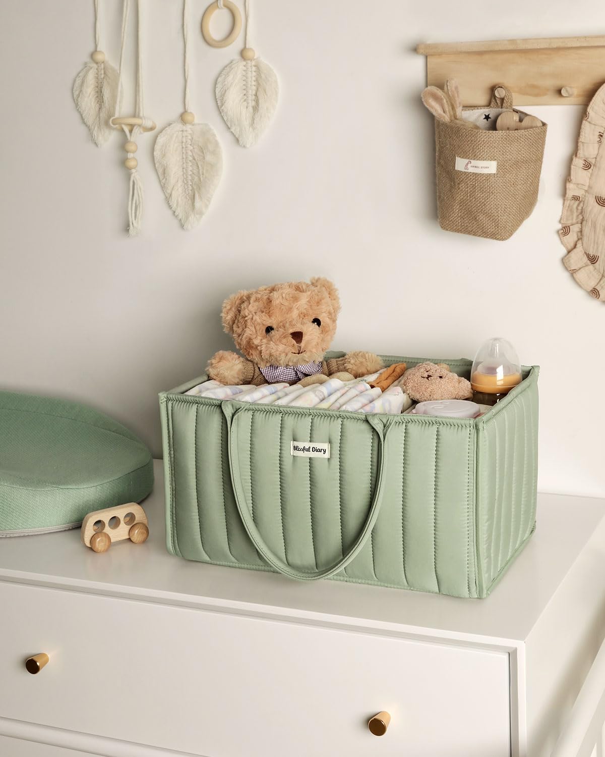 Blissful Diary Nappy Caddy Organiser, Baby Diaper Caddy for Nappy Station, Stylish Storage Basket for Newborn Essentials, Baby Shower Gifts for Girl or Boy, Woodland Cream