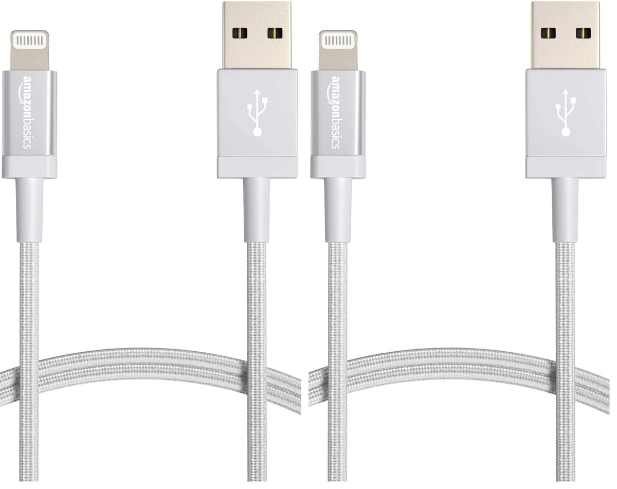 Amazon Basics USB-A to Lightning Charger Cable, Nylon Braided Cord, MFi Certified for Apple iPhone 14 13 12 11 X Xs Pro, Pro Max, Plus, iPad, 0.9 m, Silver