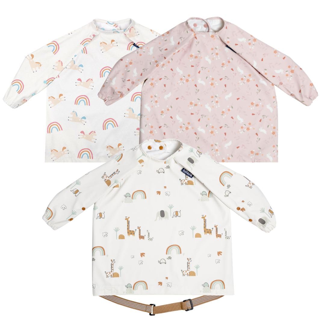 BIBaDO Long Sleeve Baby Bibs - Coverall Weaning Bib with Highchair Strap