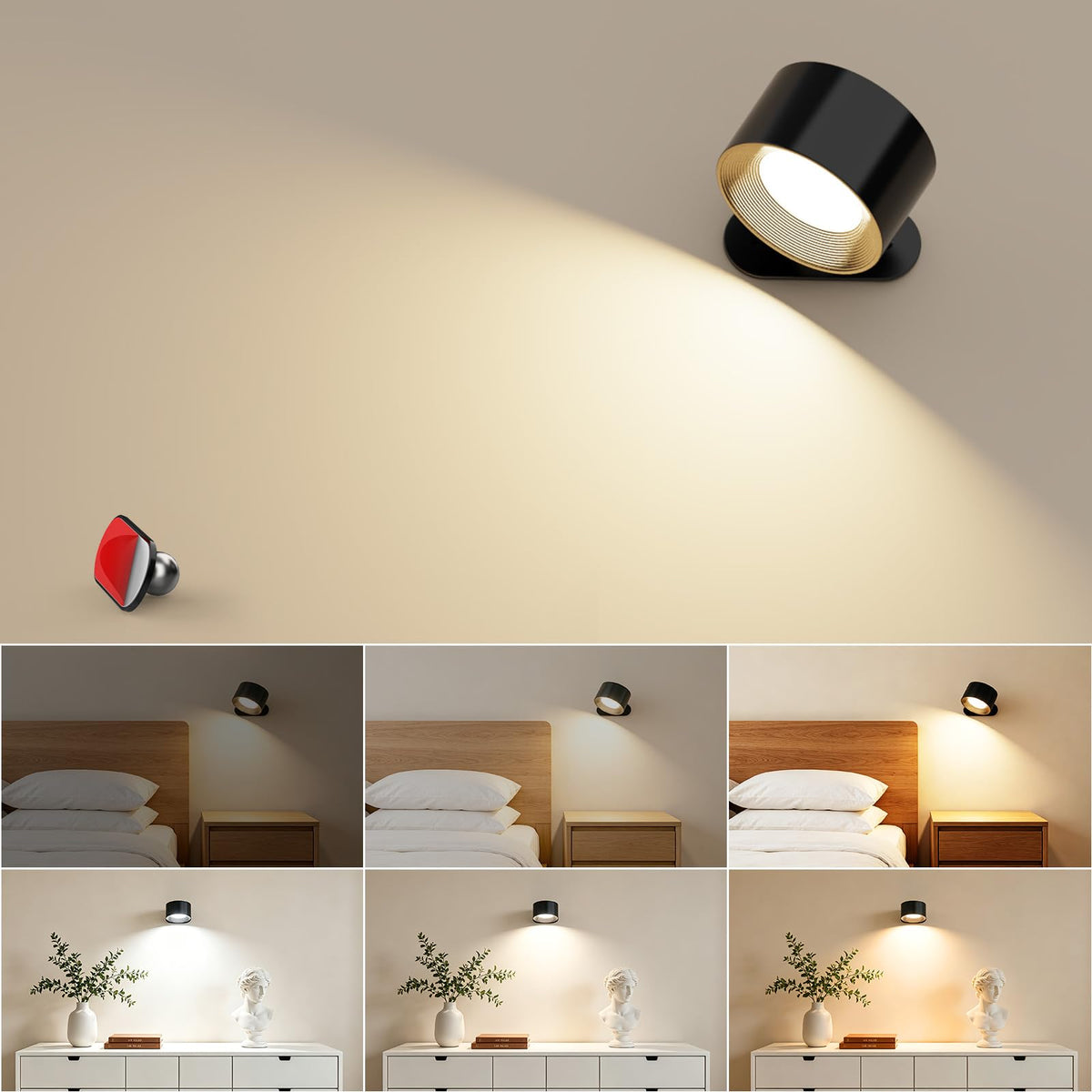 Coollamp LED Battery Operated Wall Lights, 3Pack Wall Lamp with Remote Control 3 Color Modes 3 Brightness Levels 360°Rotate Magnetic, Reading Lights for Living Room Bedroom Black