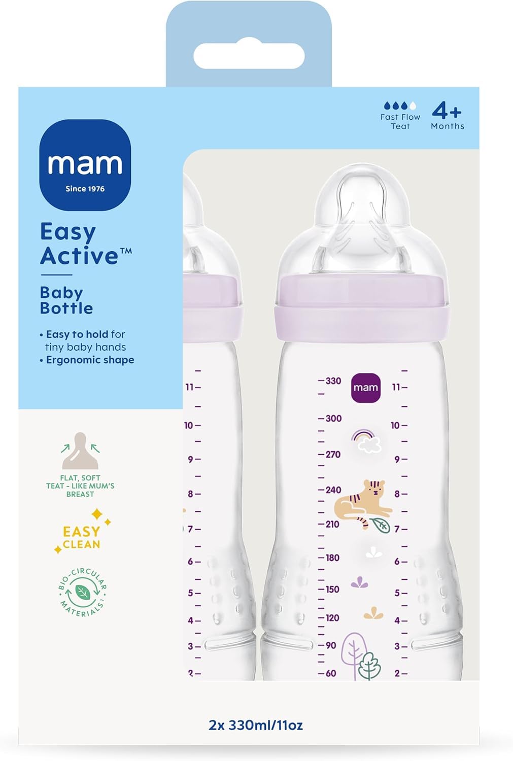 MAM Easy Active Bottles, 4X 330ml, Easy-Grip Ergonomic Shape, Blue