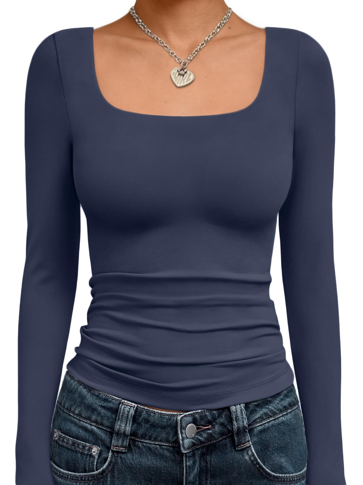 LILLUSORY Long Sleeve Tops Women UK Square Neck Double Lined T Shirts