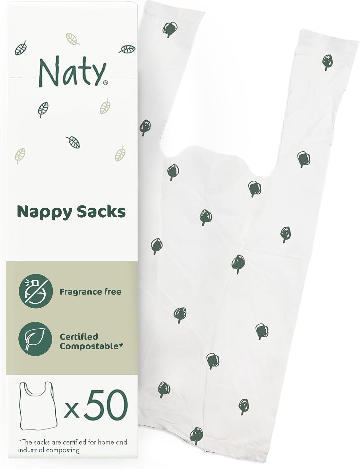 Naty compostable nappy bags with easy tie handles, 50 count