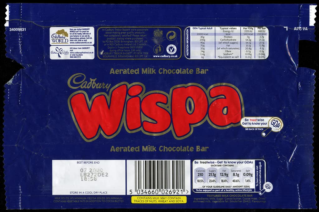 Cadbury Wispa Chocolate Bar, Smooth Milk Chocolate, 4 x 27.9 g (Pack of 1)