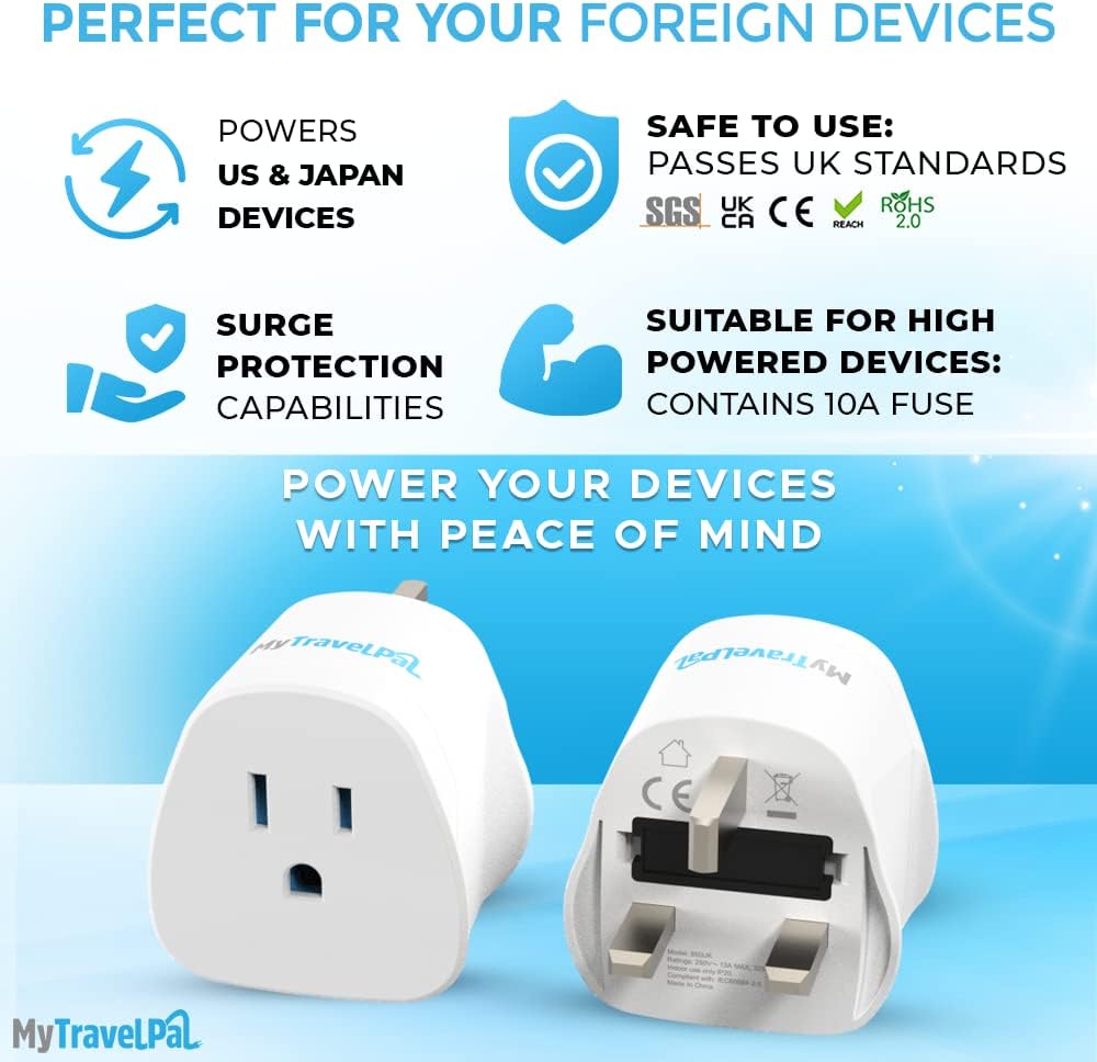 MyTravelPal US to UK Plug Adapter | UK Safety Standards | Grounded Type A/B