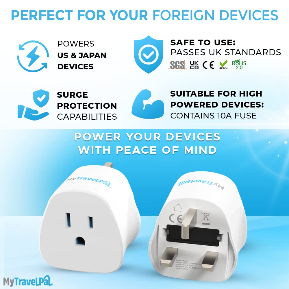 MyTravelPal US to UK Plug Adapter | UK Safety Standards | Grounded Type A/B