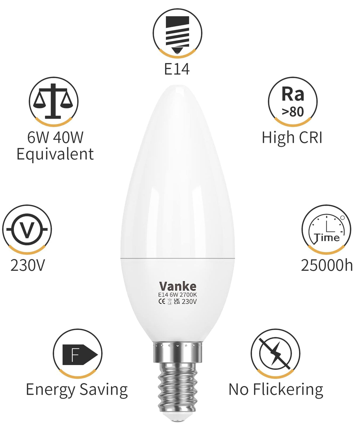 Vanke E14 LED Light Bulb, Warm White 2700K, 6W(40W Equivalent), Pack of 3