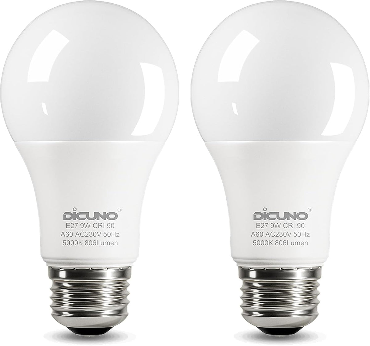 DiCUNO E27 Screw LED Bulb, 9W=60W, Daylight White 5000K, 806LM, 2Pcs