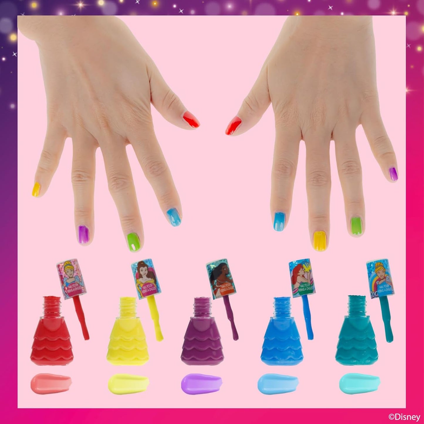 Disney Princess 18 Piece Water Based Nail Polish Set, Castle Theme, Quick Dry and Peels-Off, Nail Paint Set for Girls, Perfect for Parties by Townley Girl