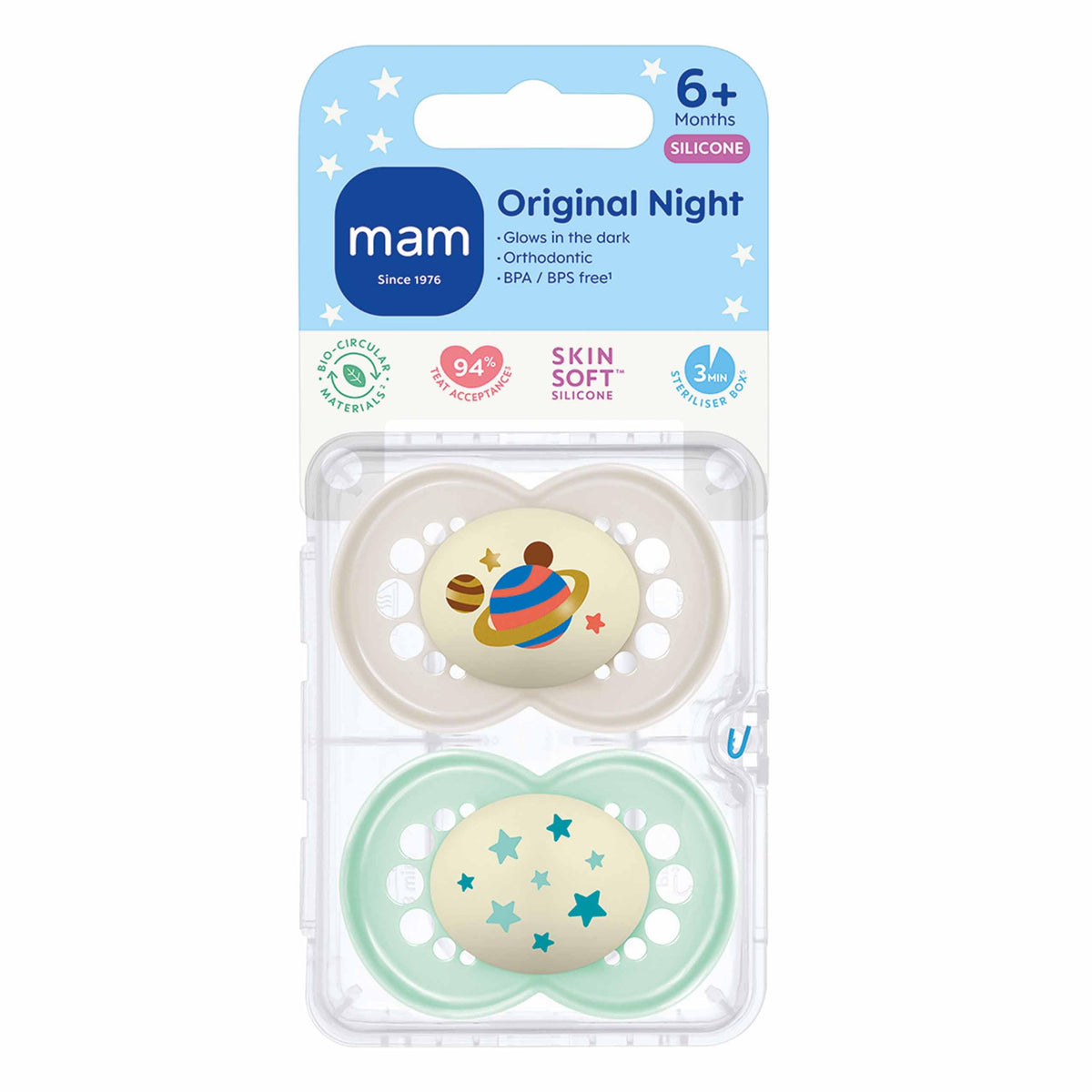 MAM Original Dummies, 6-18M, 2 Pack, Orthodontic Design, Blue