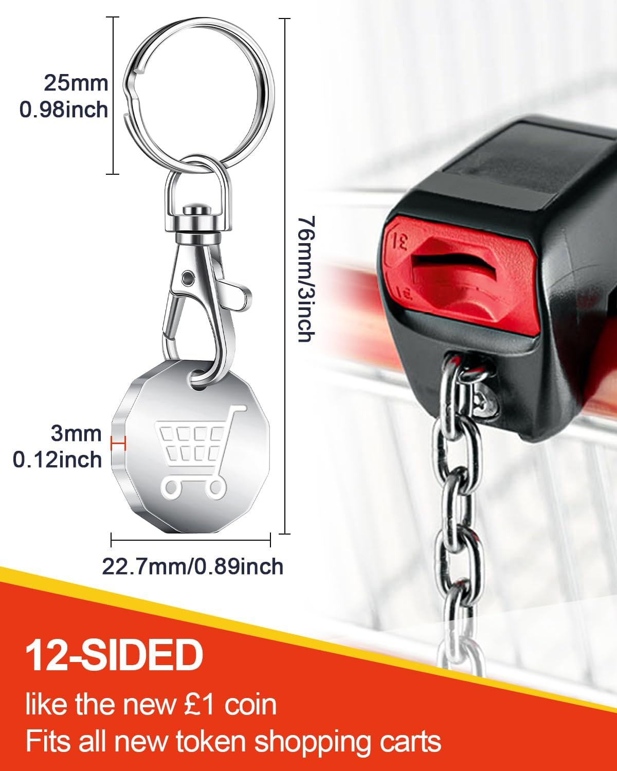 Caianwin Trolley Token Stainless Steel Trolley Coin UK Pound for Removable Supermarket Keyrings – 12 Sided Shopping Carts Key Clip Ideal for Shopping Basket Locker