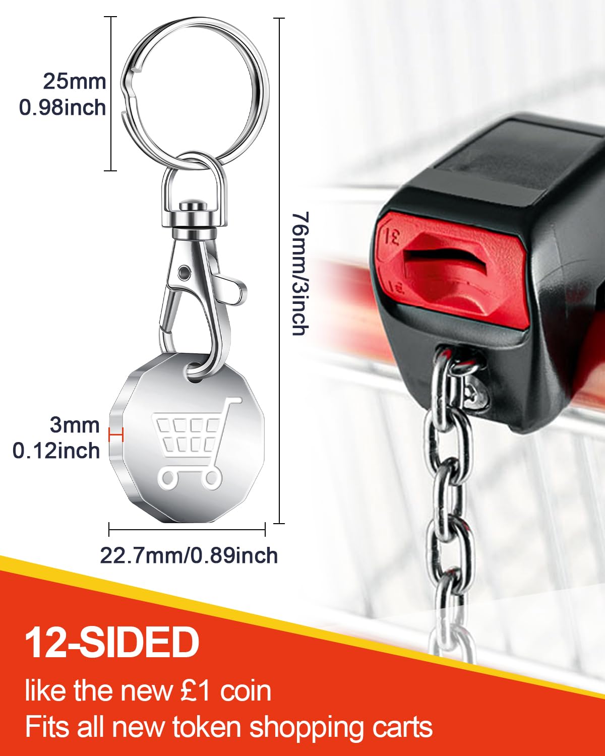 Caianwin Trolley Token Stainless Steel Trolley Coin UK Pound for Removable Supermarket Keyrings – 12 Sided Shopping Carts Key Clip Ideal for Shopping Basket Locker
