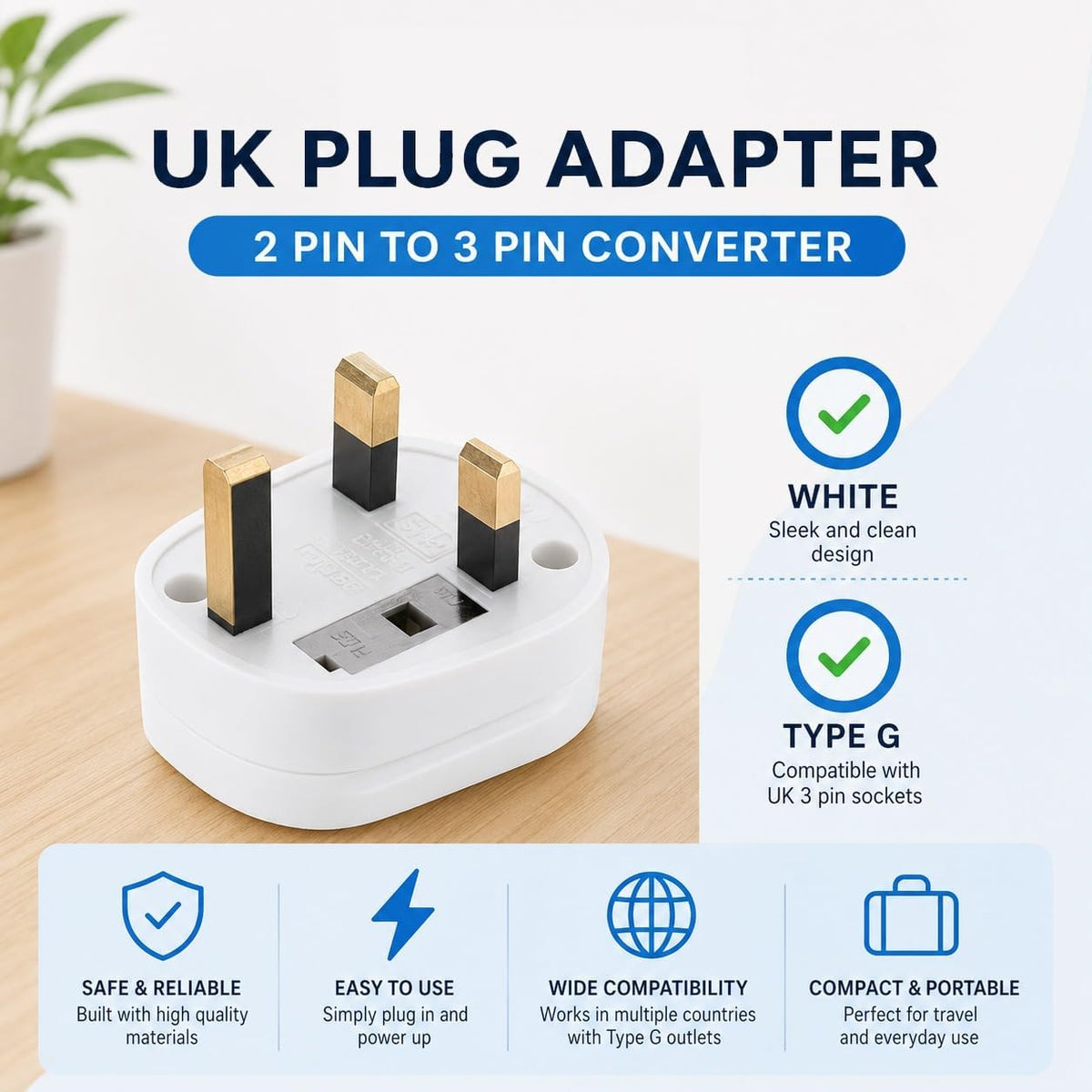 MOBIBAY (Pack of 1) Toothbrush Adaptor Plug UK Charger Shaver Socket 2 Pin to 3 Pin Electric Converter Bathroom Two to Three Prong Charging Tooth Brush Razor Plugs Electrical Shaving (White)