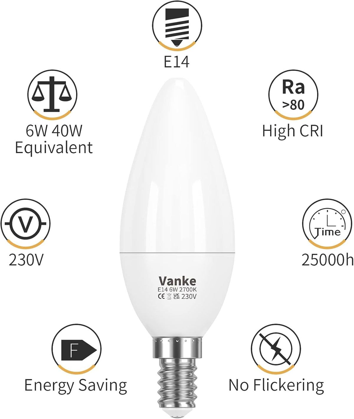 Vanke E14 LED Light Bulb, Warm White 2700K, 6W(40W Equivalent), Pack of 3