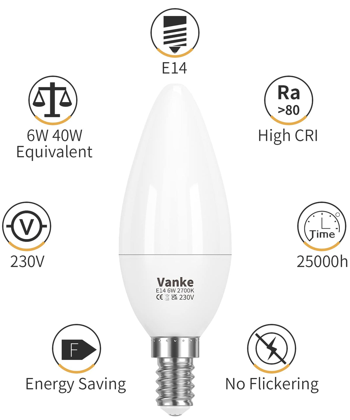 Vanke E14 LED Light Bulb, Warm White 2700K, 6W(40W Equivalent), Pack of 3