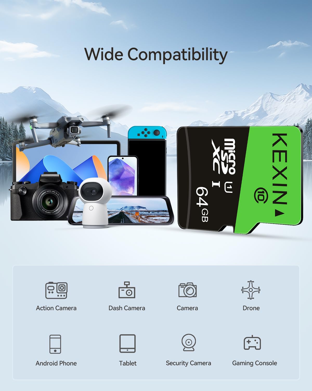 KEXIN Micro SD Card 32GB, MicroSDHC Memory Card UHS-I Up to 80MB/s Read, Class 10 C10 U1 TF Card for Camera, Smartphone, Security System, Drone, Tablet (Black Green)