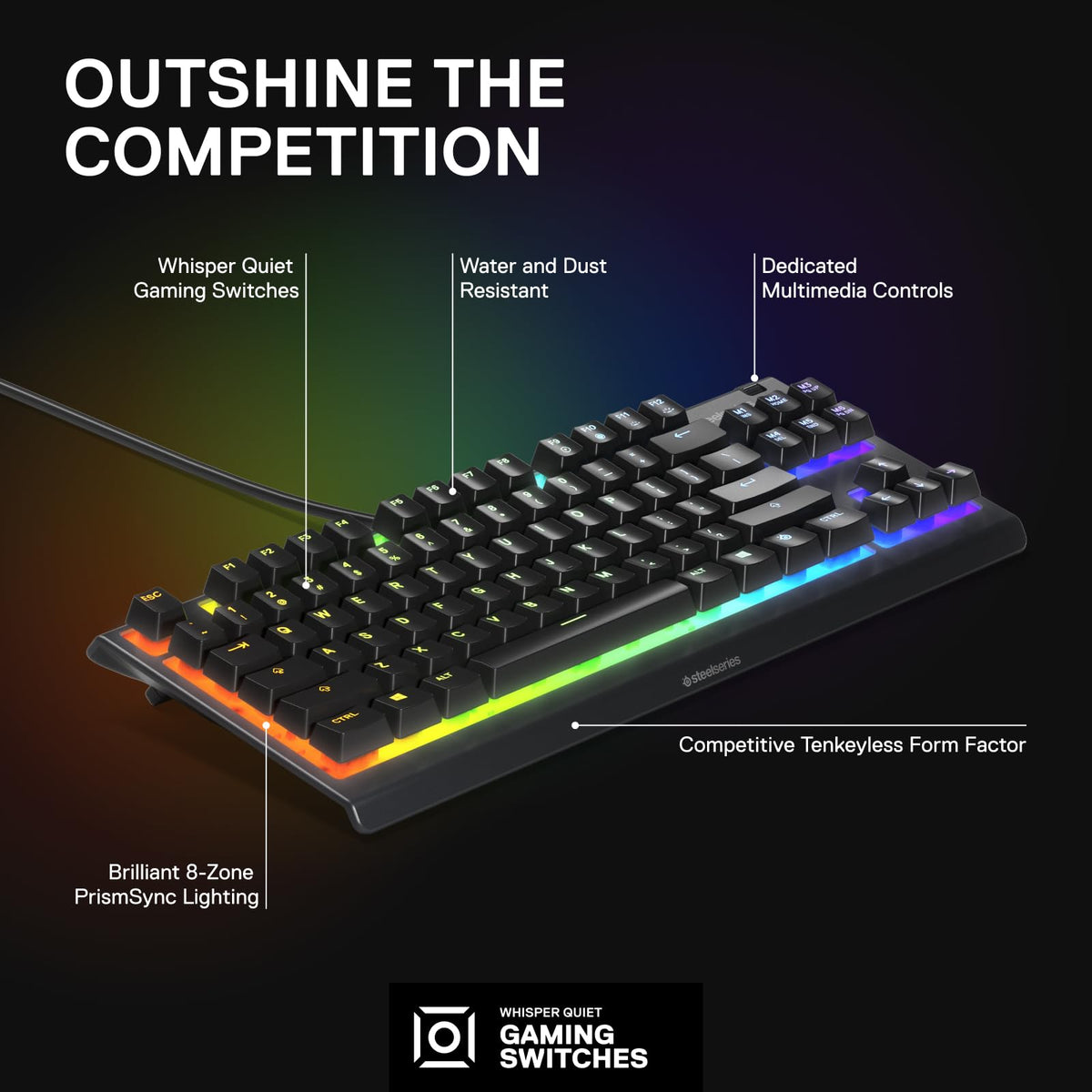 SteelSeries Apex 3 TKL Gaming Keyboard - Silent Keyboard, Tenkeyless PC Keyboard - 8-Zone RGB Illumination - IP32 Water & Dust Resistant - English QWERTY Layout, Black