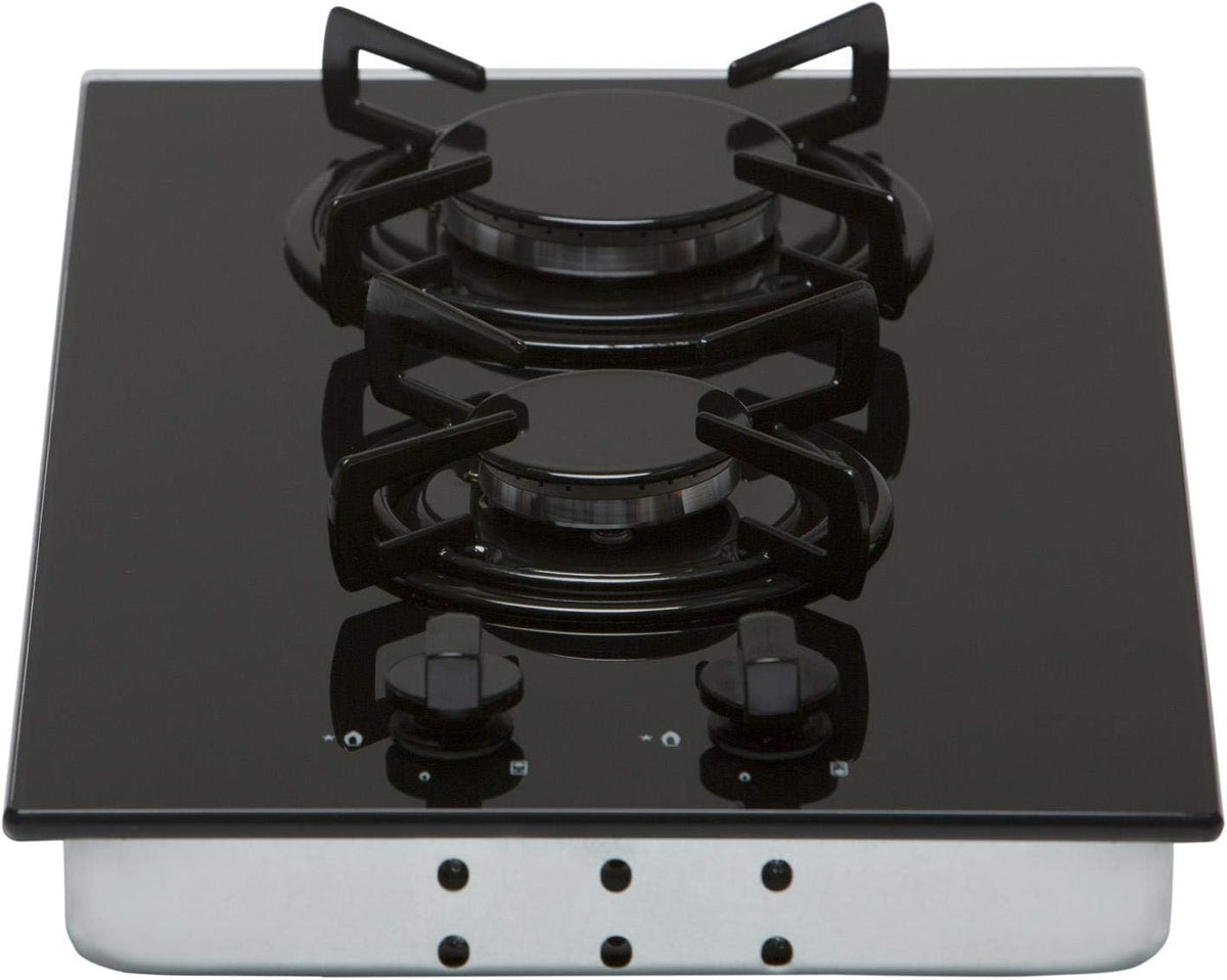 SIA GHG302BL 30cm 2 Burner Black Glass On Gas Domino Hob With Enamel Pan Stands