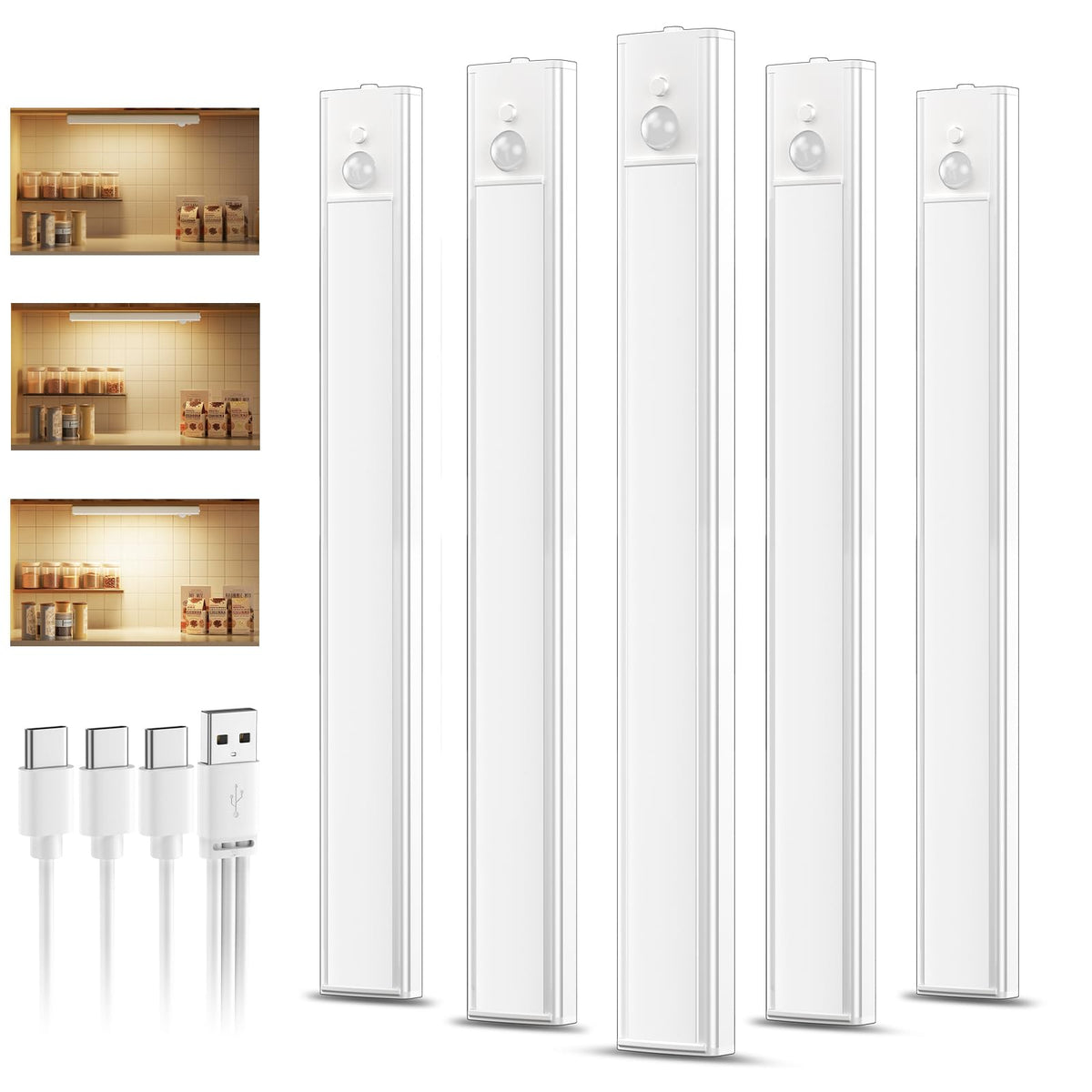 daphomeu 5 Pack Rechargeable Under Cupboard Kitchen Lights, 20CM Dimmable Warm Cabinet Light, LED Motion Sensor Lights Indoor, Magnetic Stick Light for Kitchen Shelf Stairs Wardrobe