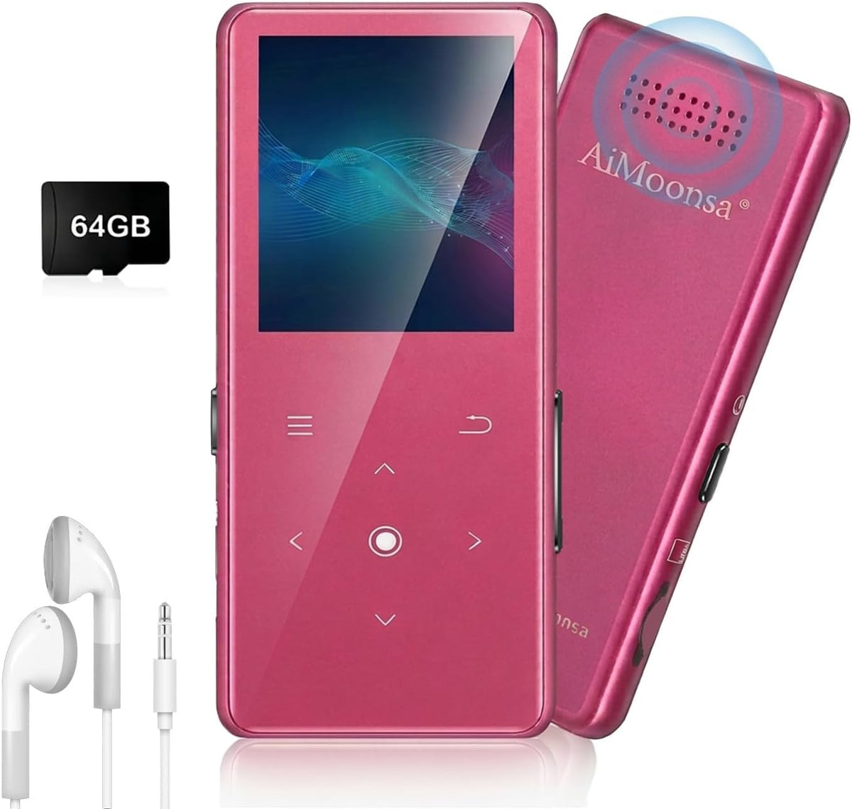 64GB MP3 Player with Bluetooth 5.2, AiMoonsa Music Player with Built-in HD Speaker, FM Radio, Voice Recorder, HiFi Sound, E-Book Function, Earphones Included