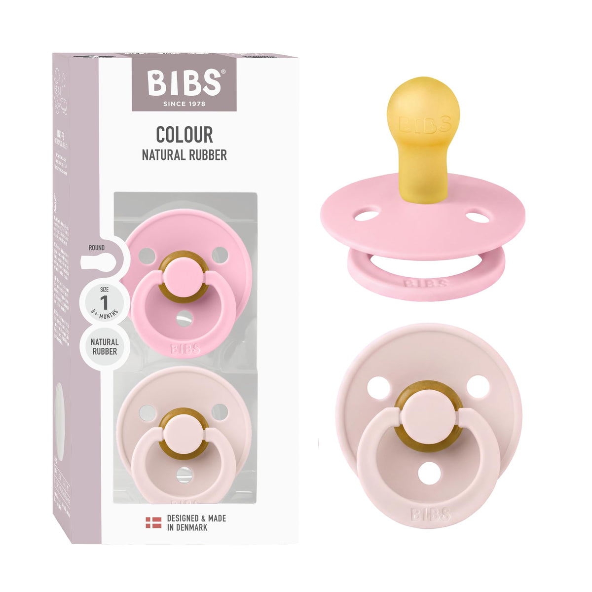 BIBS Colour Soother 2-Pack, BPA Free Dummy Pacifier, Round Nipple. Natural Rubber Latex, Made in Denmark, Size 2 (6-18 Months), Baby Blue