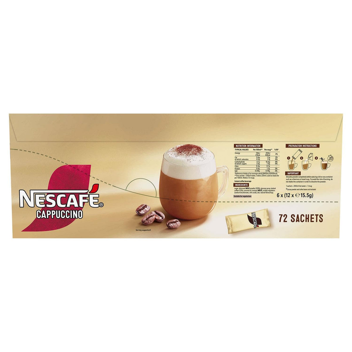 NESCAFÉ Cappuccino Instant Coffee Sachets - 72 x 15.5g