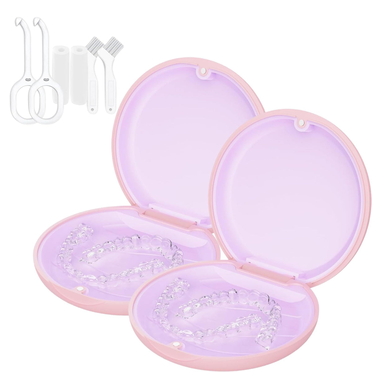 Retainer Case, Slim Aligner Cases for Invisalign, Mouthguard Case with Removal Tools& Aligners Chewies& Brush, Removable Inner Tray Silicone for Easy Cleaning (Pink)