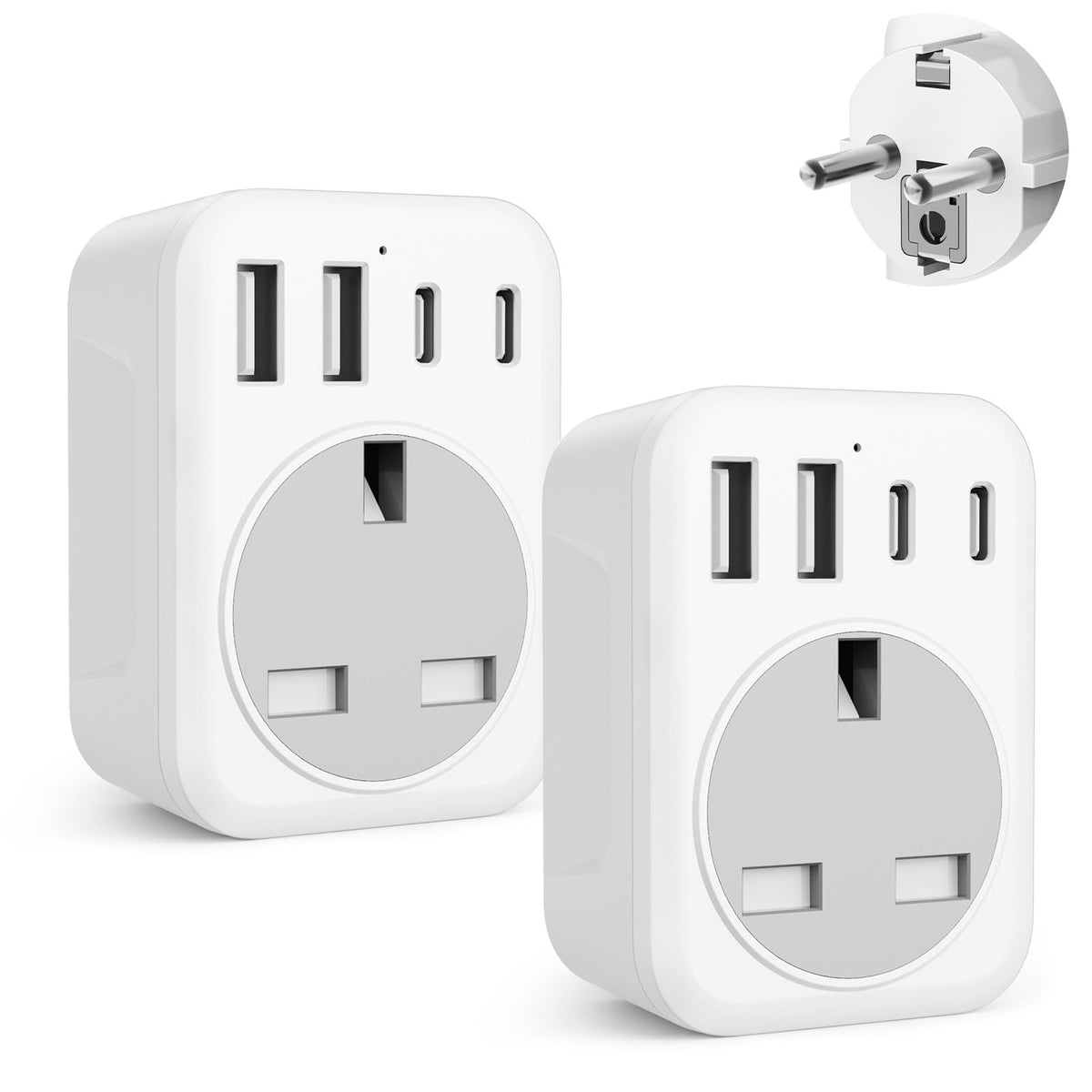 UK To European Plug Adapter,5 IN 1 European Travel Adaptor with 2 USB C & 2 USB A,Grounded EU Plug Adapter for Germany Spain France Turkey Greece etc (Type E/F)