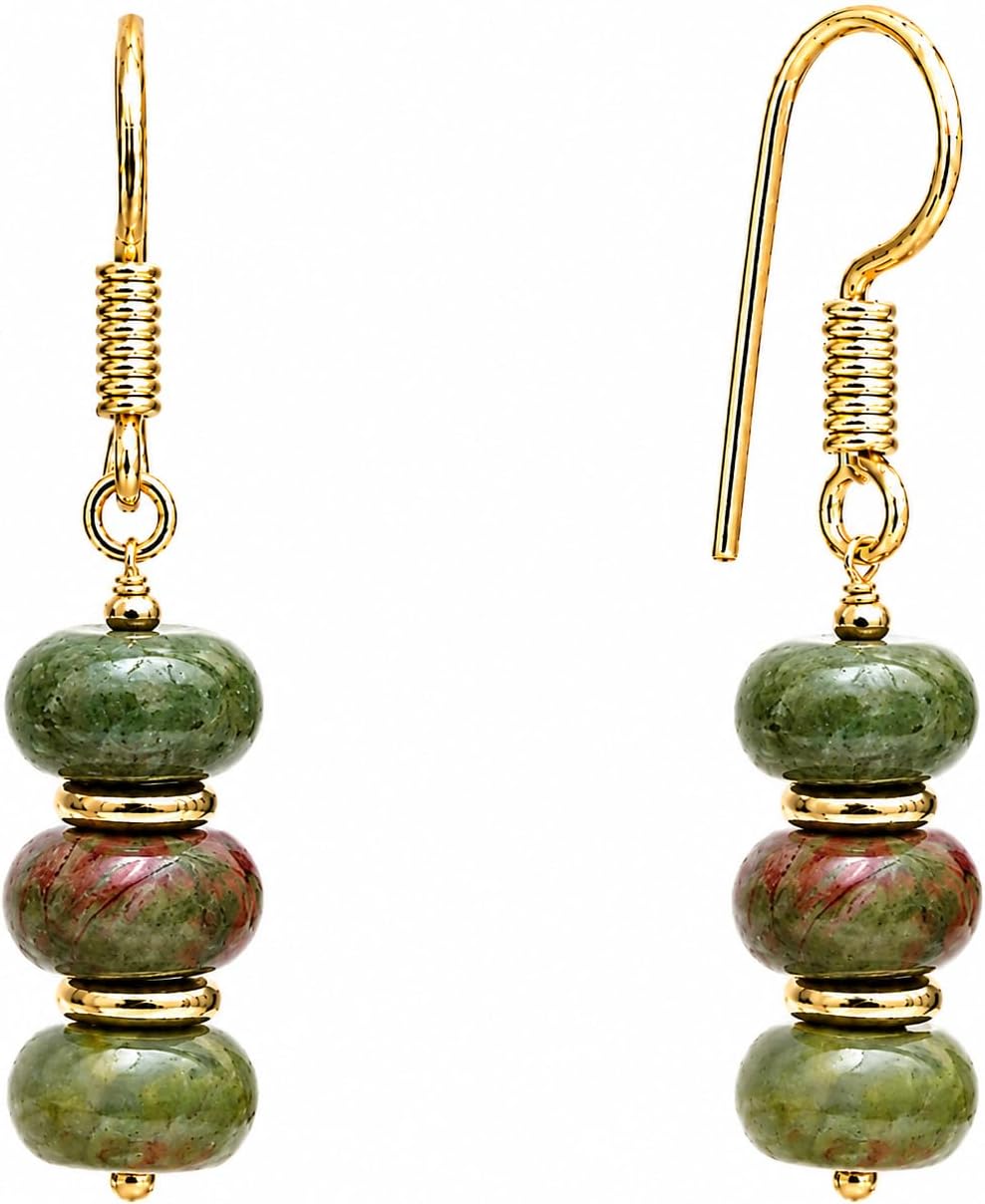 Gempires Natural Gemstone Rondelle Bead Earrings for Women | 8mm Beaded Drop Dangle Earrings | Gold Plated Hypoallergenic Hook Jewelry | Handmade Lightweight Crystal Earrings