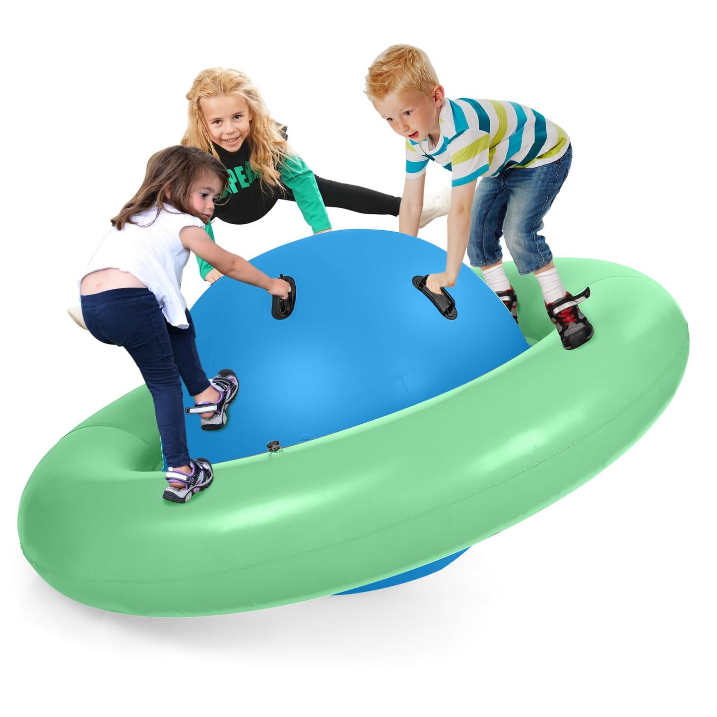 GYMAX 88'' Inflatable Dome Rocker Bouncer, Giant Inflatable Rocking Planet with 6 Handles, Indoor Outdoor Large Blow Up Rocking Ball for 5 Years Old+ Boys Girls, Max Weight 113kg (Pink+Green)
