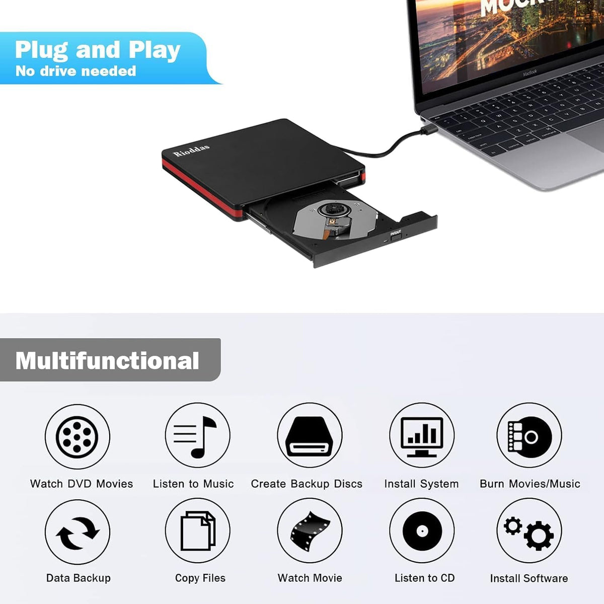 Rioddas External CD Drive, USB 3.0 Portable CD/DVD +/-RW Drive Slim DVD/CD ROM Rewriter Burner for Laptop Desktop PC Windows and Linux OS Apple Mac Macbook Pro
