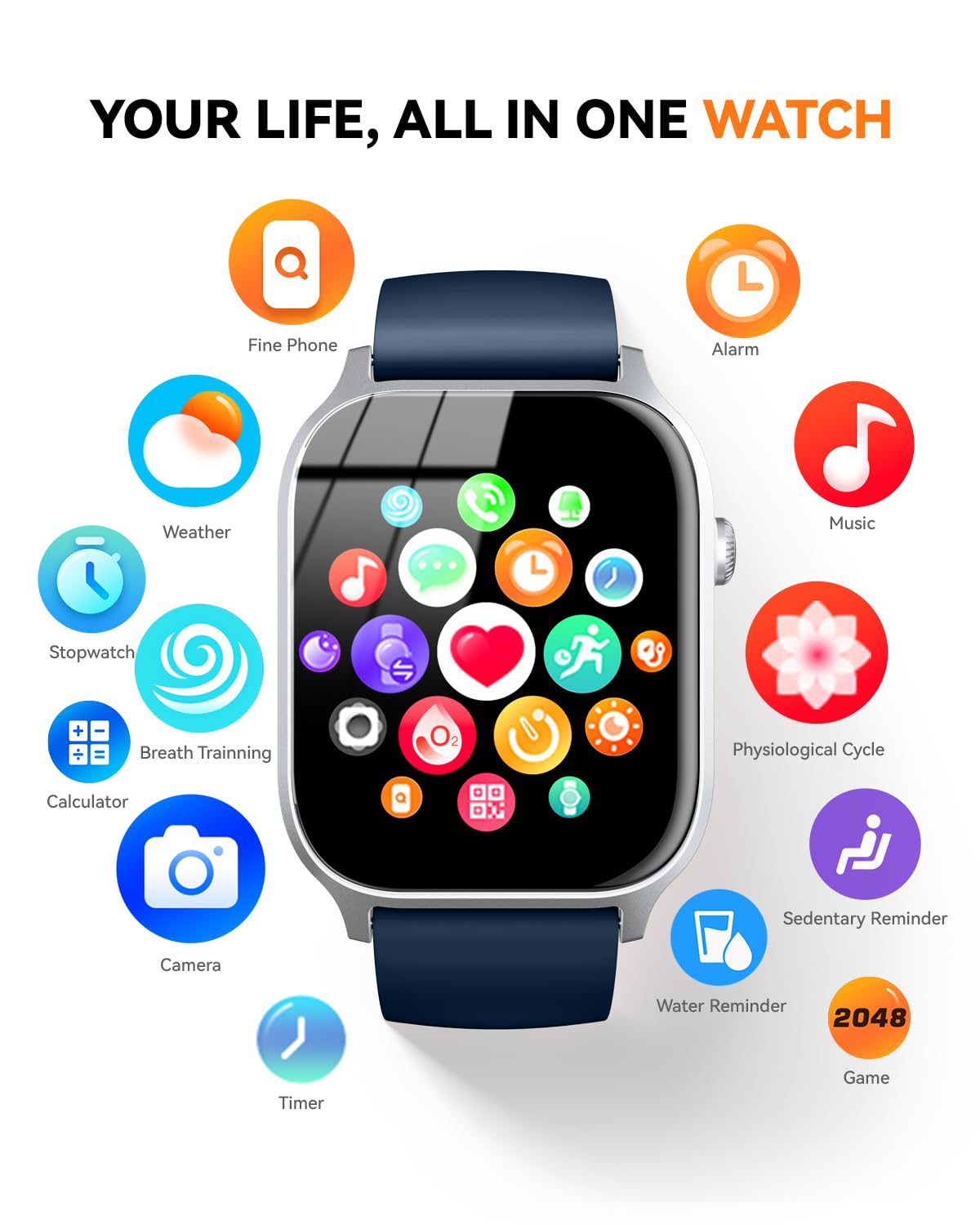 Smart Watch for Men Women- Answer/Make Call, 2024 IP68 Waterproof Fitness Tracker Watch with Sleep Step Counter Activity Smartwatch for Samsung Android iPhone iOS (Black-Blue, 1.83)