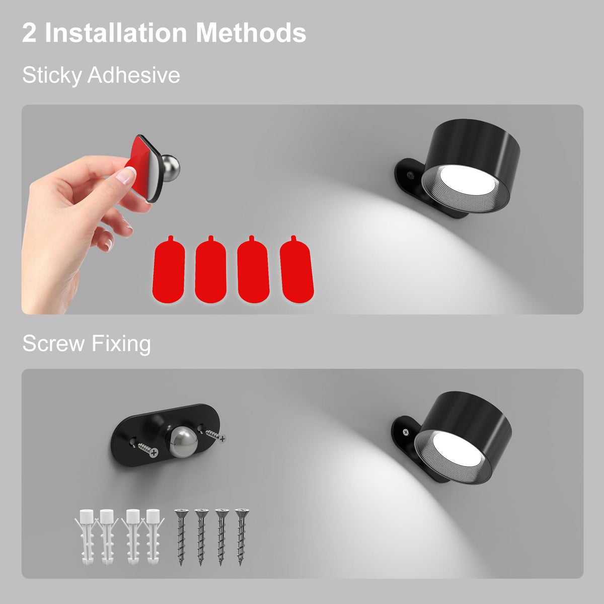 Coollamp LED Battery Operated Wall Lights, 3Pack Wall Lamp with Remote Control 3 Color Modes 3 Brightness Levels 360°Rotate Magnetic, Reading Lights for Living Room Bedroom Black