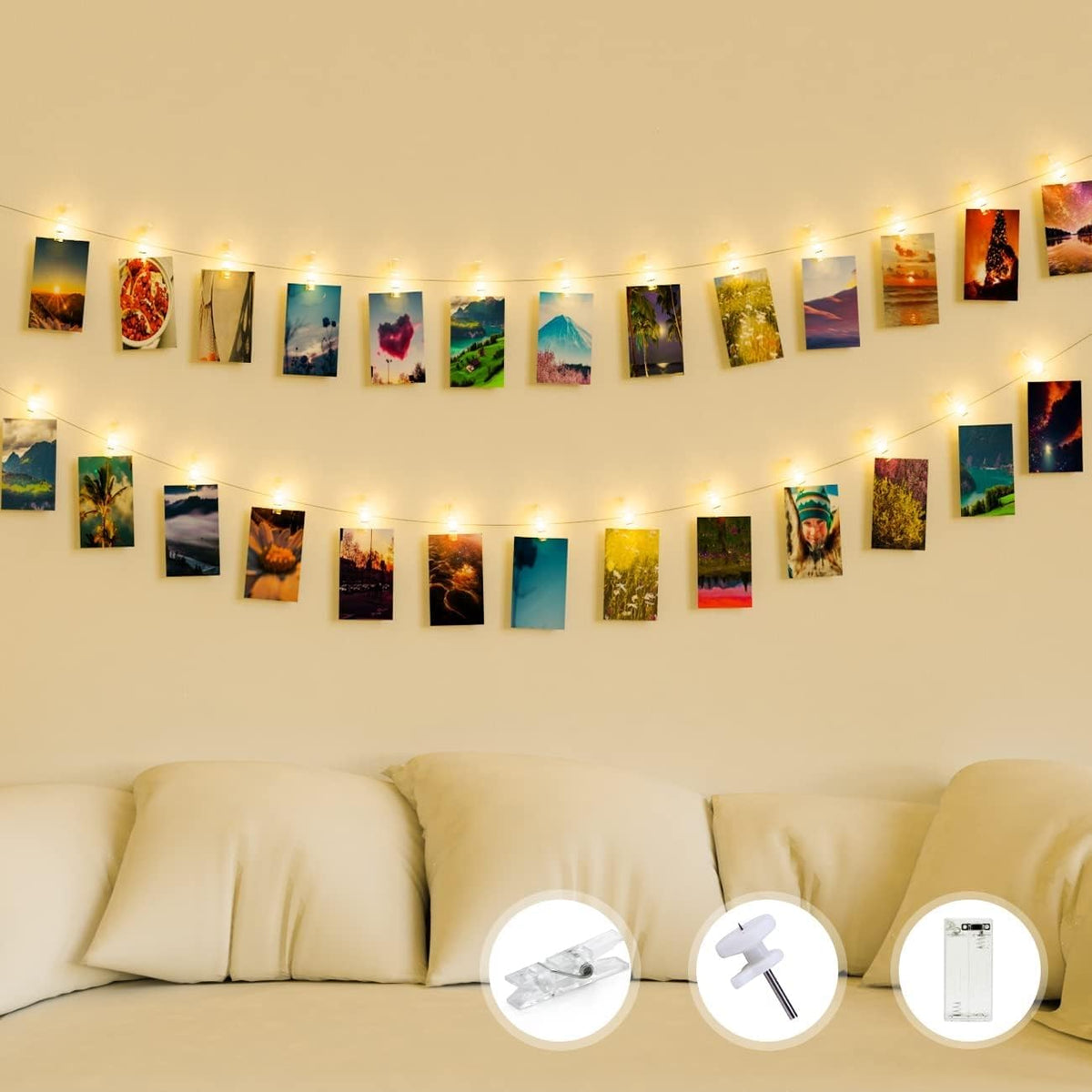 Kolpop 50LED Photo Clip String Lights, 5M Photo Peg Fairy Lights Indoor with 30 Clips Battery Powered Cooper Wire Hanging String Photo Display for Bedroom Birthday Wedding Party Christmas Decorations