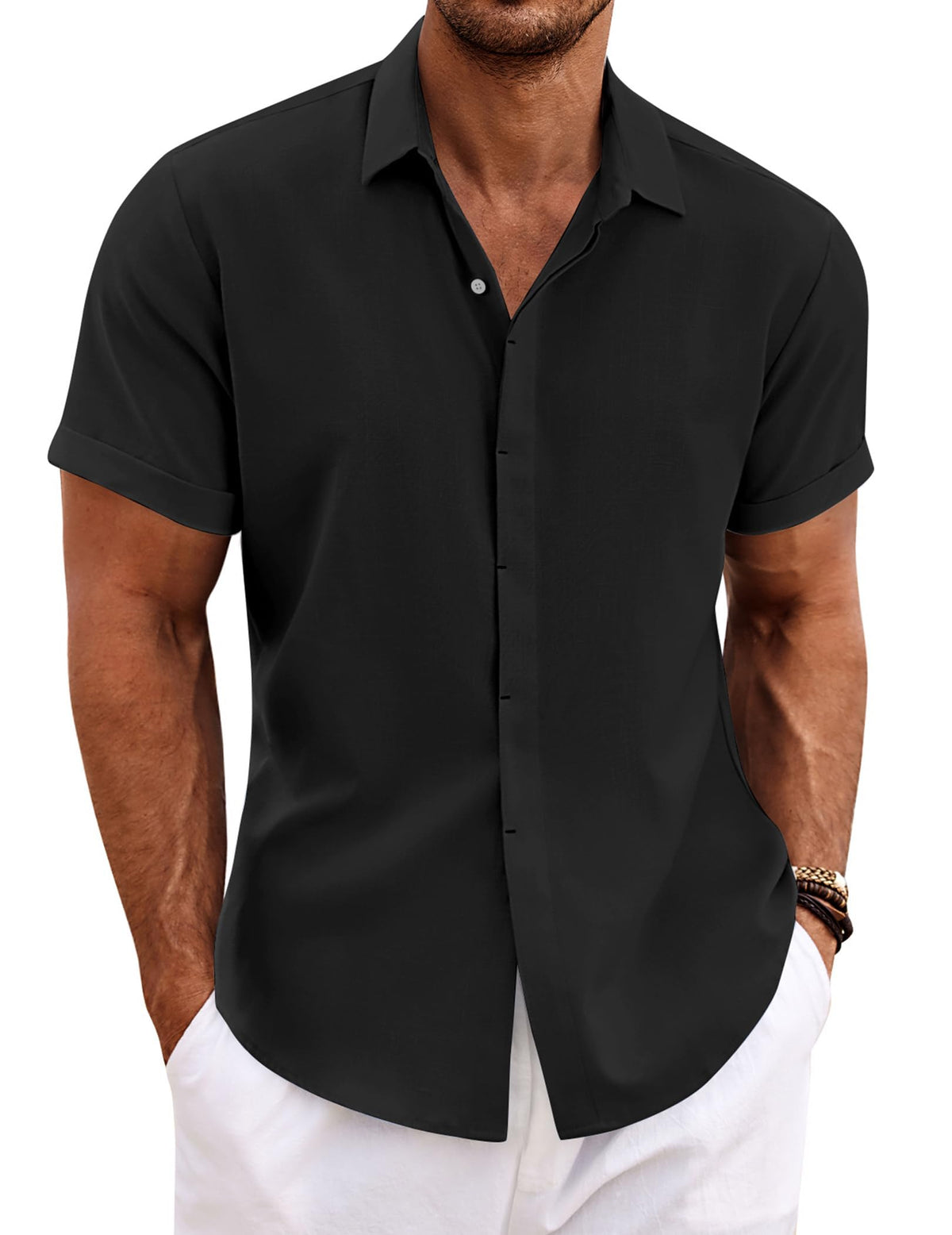 COOFANDY Mens Linen Shirts Short Sleeved Summer Regular Fit Button Down Hawaiian Holiday Tops