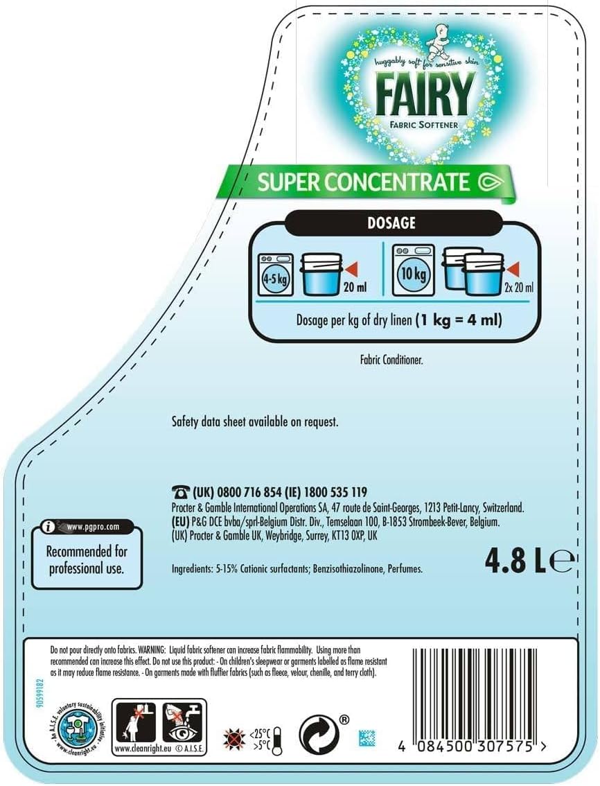 Fairy Super Concentrate Fabric Softener Conditioner 4.8L – 240 Washes – Gentle Softness for Sensitive Skin & Baby Clothes