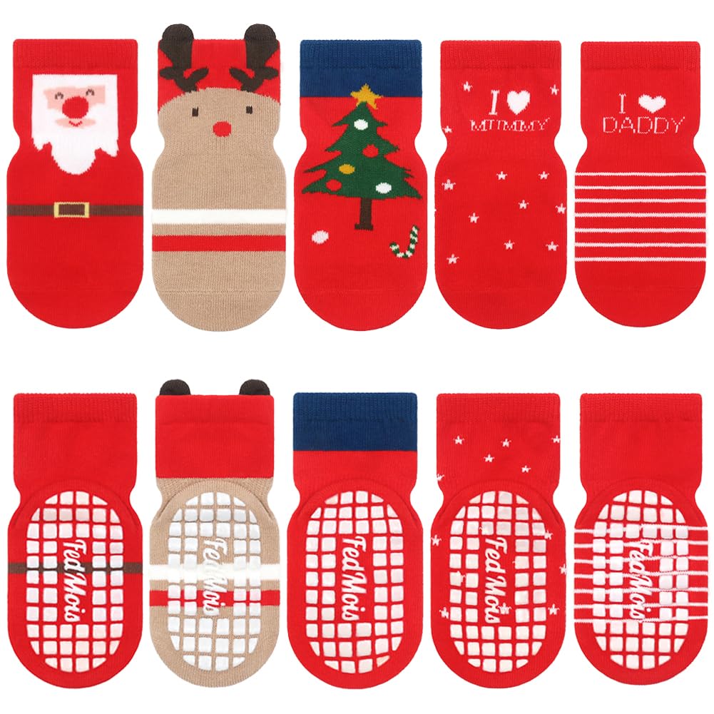 FedMois 5 Pairs Baby Kids Anti-slip Socks Cotton non skid Ankle Socks Animals