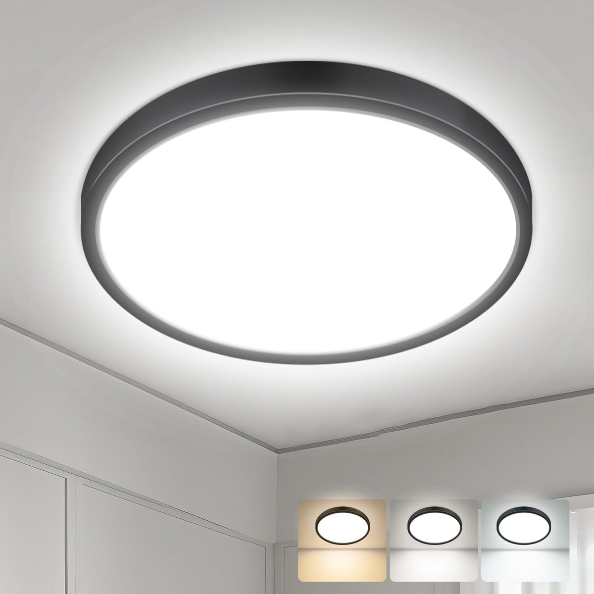 hepside Bathroom Light, 3000K/4000K/6500K 3 Color Temperature LED Ceiling Light, 15W 1500LM, Waterproof, Round, Small, Modern, Flush Ceiling Light for Bathroom, Kitchen, Bedroom, Black