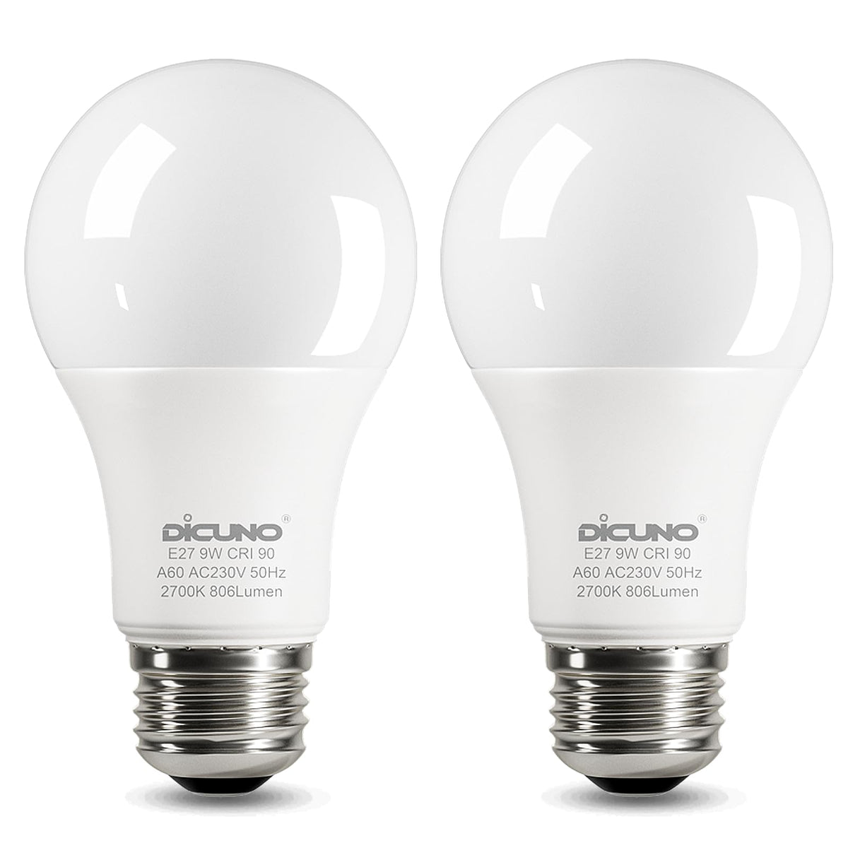 DiCUNO E27 Screw LED Bulb, 9W=60W, Daylight White 5000K, 806LM, 2Pcs
