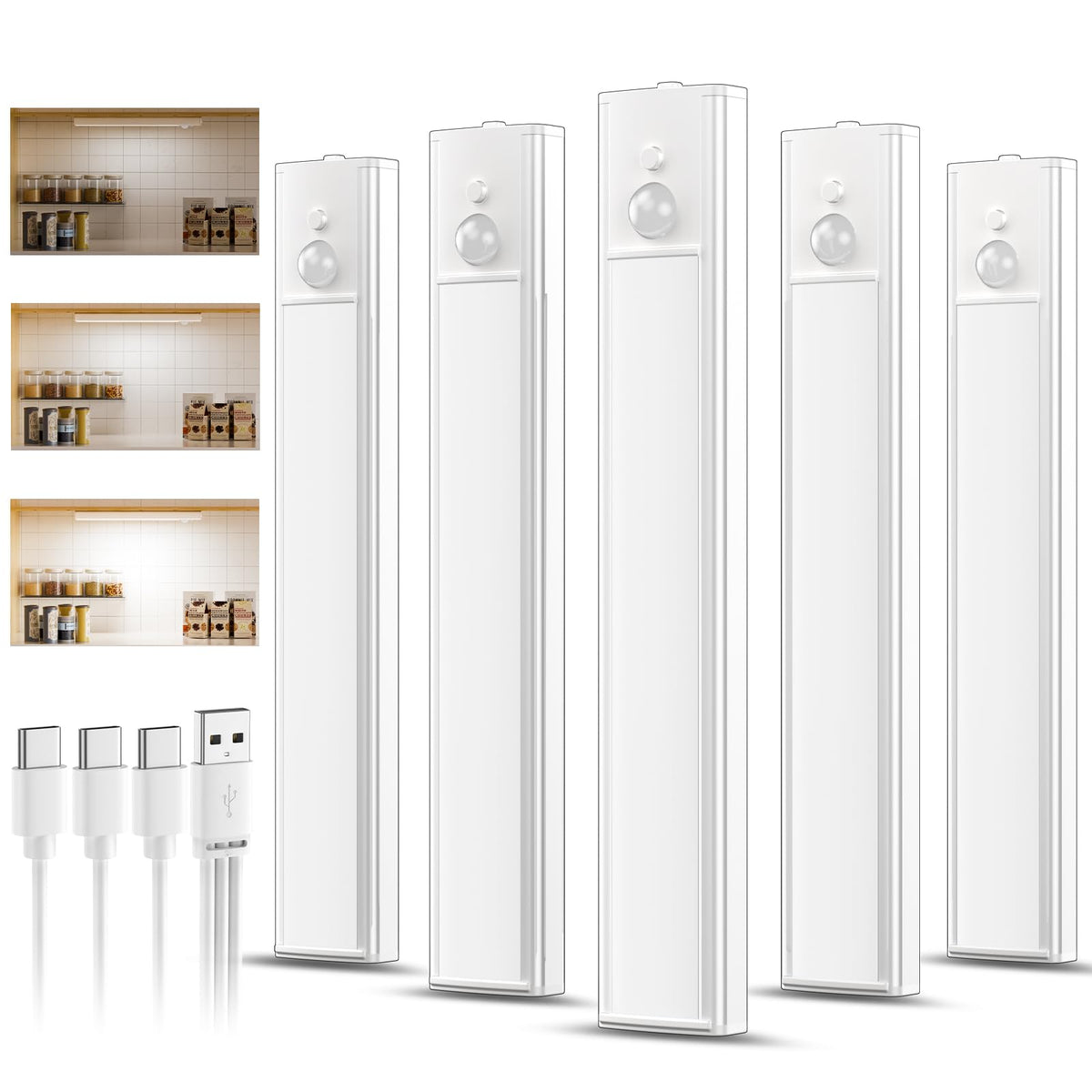 daphomeu 5 Pack Rechargeable Under Cupboard Kitchen Lights, 20CM Dimmable Warm Cabinet Light, LED Motion Sensor Lights Indoor, Magnetic Stick Light for Kitchen Shelf Stairs Wardrobe