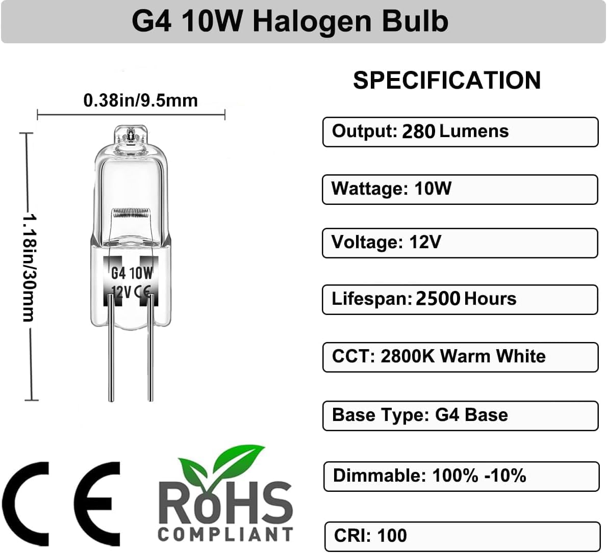 G4 Halogen Bulbs, 20W 12V Clear 2 Pin Lamp, 10 Pack